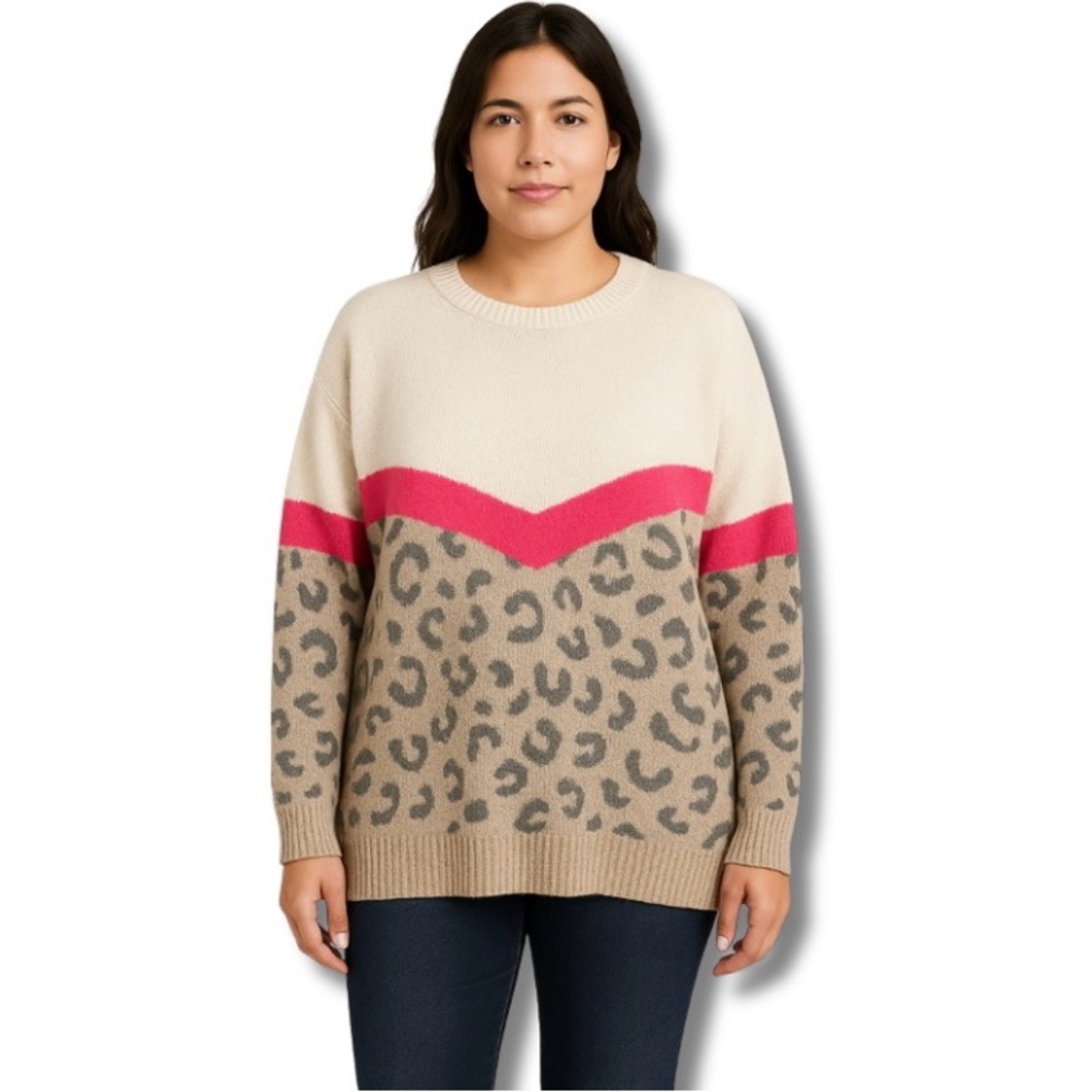 NWT Oversized Sweater Sz 2X Animal Print Color Block Pullover Crewneck